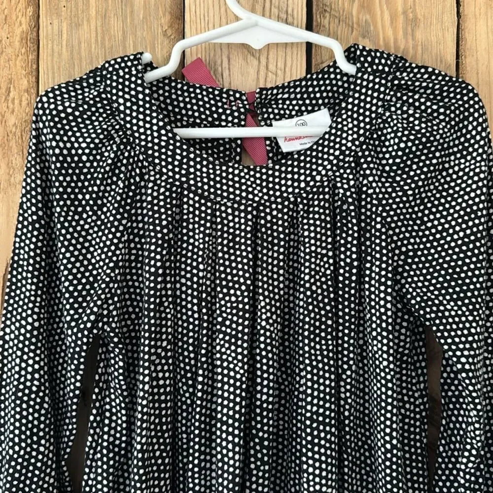 Hanna Andersson Girls Black Polka Dot Dress with Pink Ribbon Trim And Bow Size 4